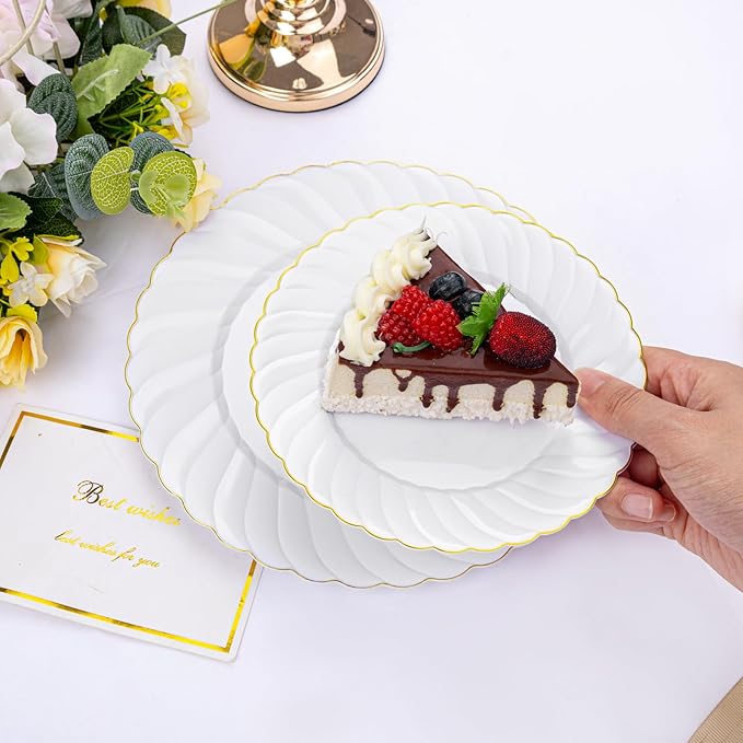 U-QE 100 Pieces Gold Plastic Plates - Premium White Plastic Plates for Party, Wedding and Daily Use Including 50PCS 9 '' Plastic Dinner Plates & 50PCS 6.5 '' Plastic Dessert Plates