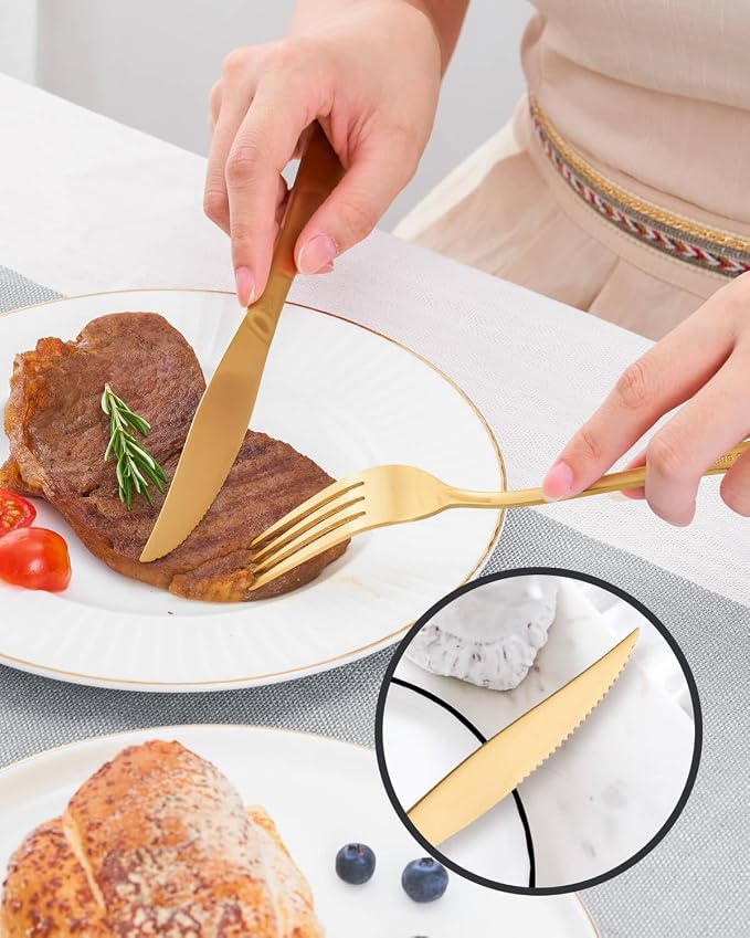 Matte Gold Silverware Set with Steak Knives, 36-Piece Stainless Steel Flatware - Image 6