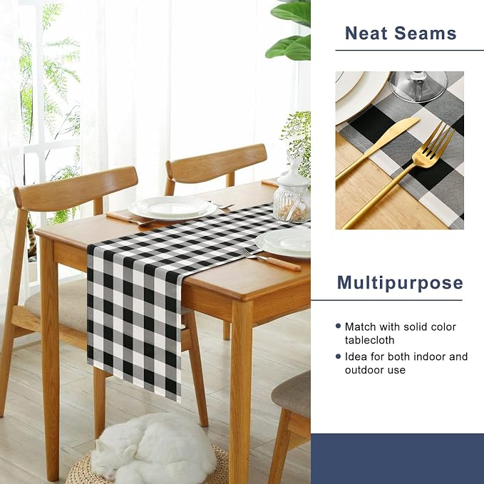 Buffalo Plaid Table Runner Black and White 14W x 72L, 1 Piece | Waterproof - Image 4