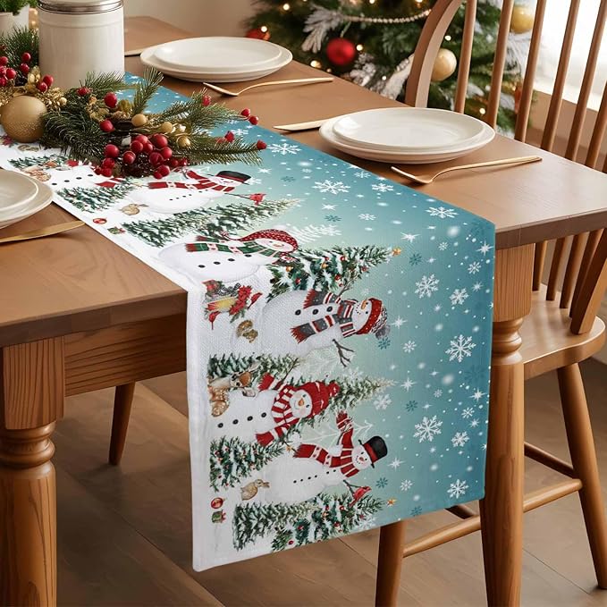 Teal Christmas Snowman Table Runner 120 Inches Long, Xmas Trees Snowflake Table - Image 3