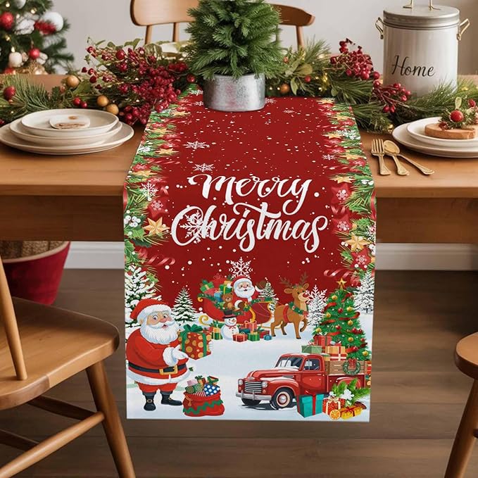 Merry Christmas Table Runner 90 Inches Long, Santa Xmas Tree Snowflake Table - Image 2