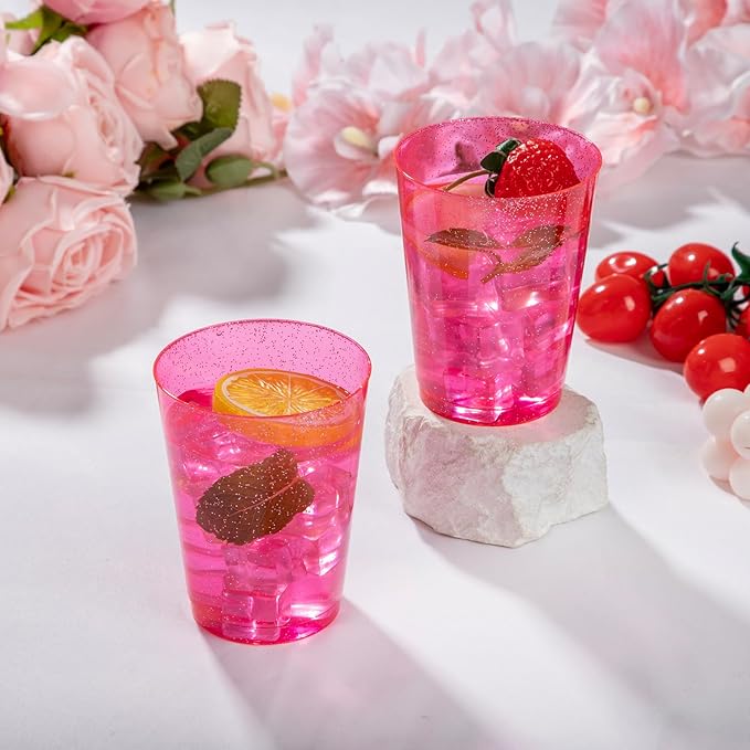 DaYammi 100 Pack Pink Plastic Cups 10Oz Clear Pink Disposable Party Cups for Martini and Cocktail,Fancy Disposable Cup for Wedding,Pink Party Cups Perfect for Valentine's Day Mother's Day Party