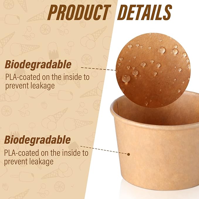 Honeydak 100 Pieces Ice Cream Soup Cups Paper 5 oz Disposable Sundae Bowls Kraft Paper Hot Cold Snack Yogurt Dessert Small Cups for Ice Cream Baby Shower Party Supplies, Brown Disposable Bowls