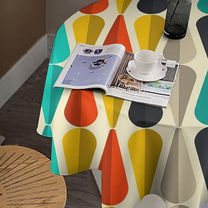 Vintage Bohemian Mid Century Round Tablecloth, Retro 50s 60s Geometric Pattern Print Tablecloth for Home Party Dining Room Kitchen Decor 70Inch(178cm)