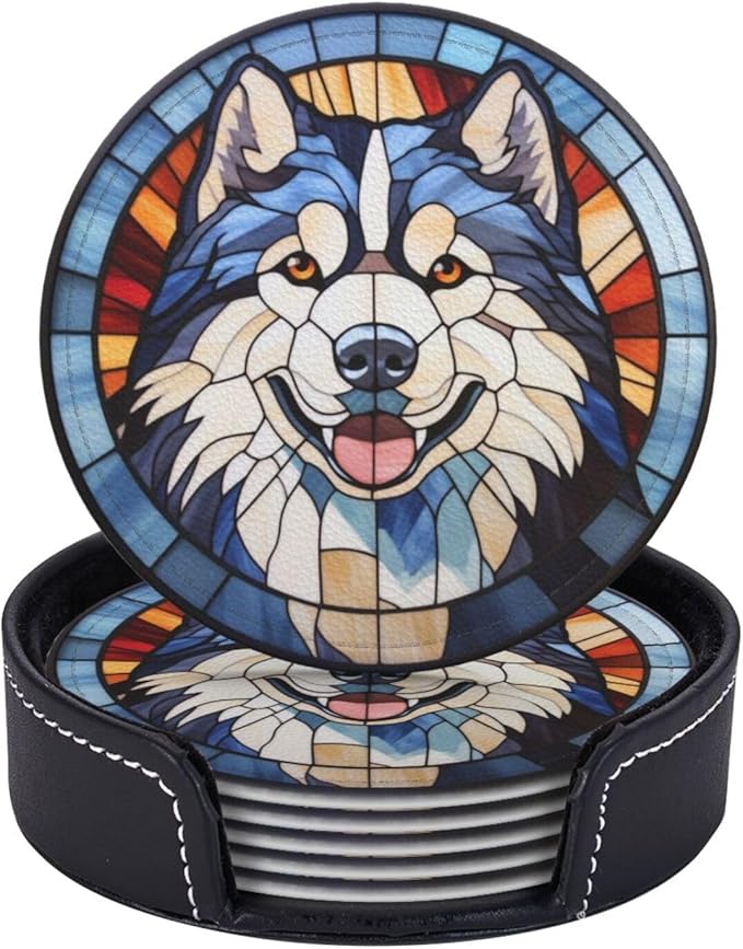 Drink Coaster Set of 6, Alaskan Malamute Dog Mom Lover Gift,Leather Drink Coasters with Holder,6 Pack Cup/Bar/Drink Coasters for Table/Drinks/Coffee Protection Housewarming Gift