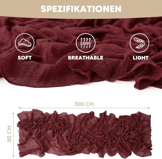 Artoid Mode 6PC Boho Cheesecloth Gauze Burgundy Wedding Table Runner, 120 Inch - Image 6