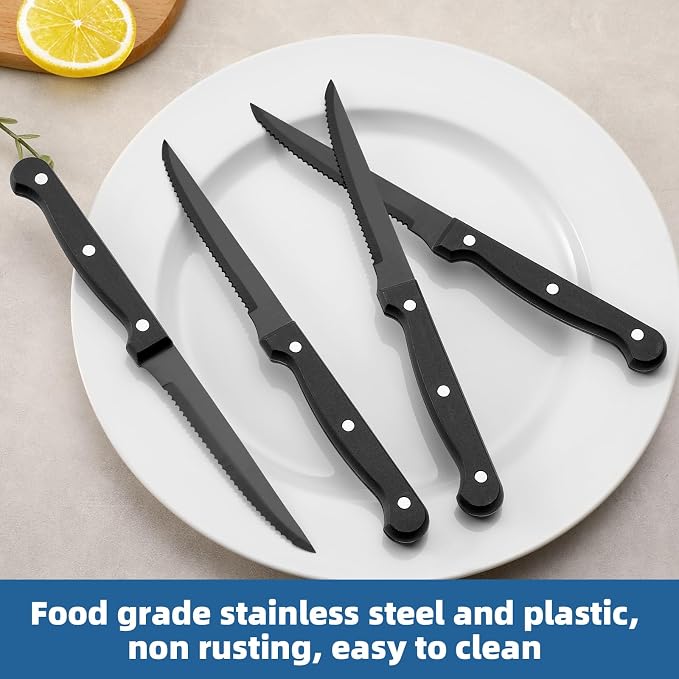 Black Steak Knives Set of 8, Sharp Triple Rivet Steak Knife, High-Carbon - Image 3