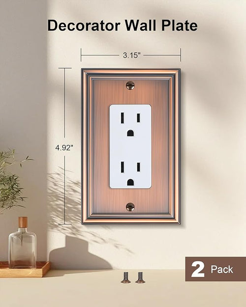2-Pack Decorator Outlet Cover Plate, Antique Copper Decorative Switch Plates and Outlet Covers, Durable Zinc Alloy Wall Plates for Electrical Outlets, Receptacle, GFCI Outlet, Dimmer Switch