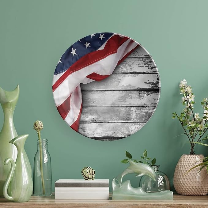 Decorative Plates, American Flag Print Ornament, Flag on Wood Planks, 8 Inch, Kitchen Wall Decor, Multicolor