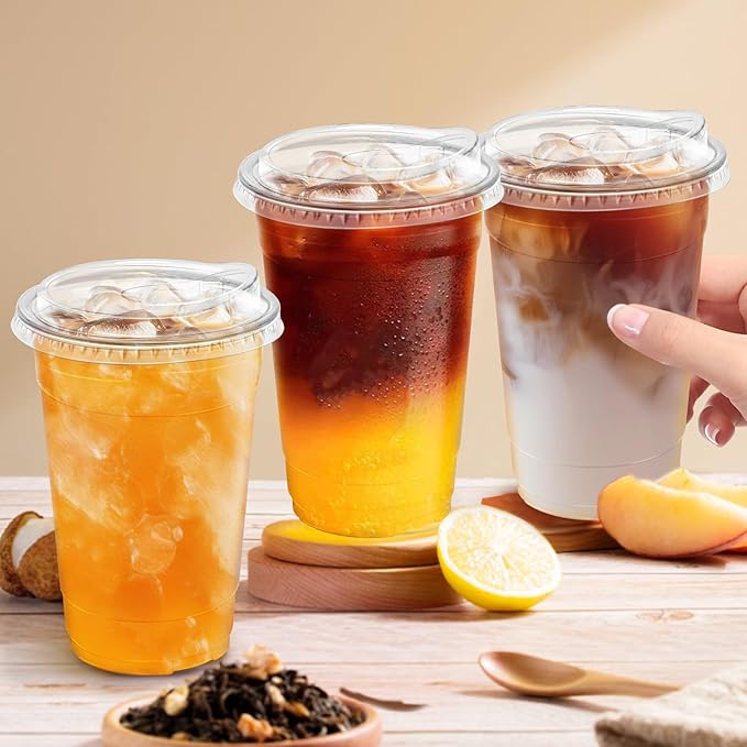 20 oz 100 Pack Clear Plastic Cups with Lids, Sturdy Iced Coffee Cups with Sip Lids, Disposable Food Safe Smoothie Cup for Cold Drinks, Juice, Milkshake
