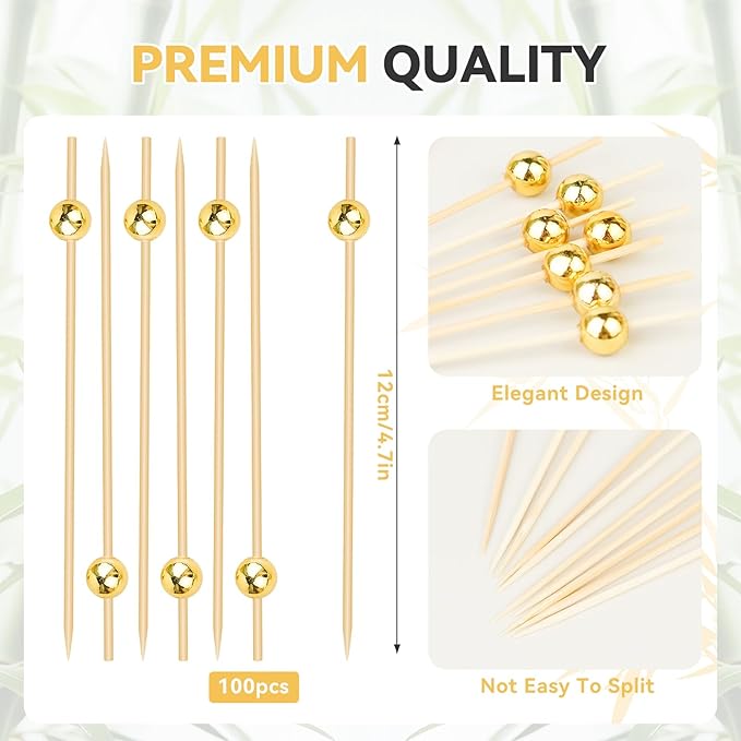 100PCS Cocktail Picks, Fancy Toothpicks for Appetizers, Decorative Skewers for Appetizers Drinks Party Fruit, 4.7 Inch Long Wooden Bamboo Gold Ball Food Sticks Charcuterie Boards Accessories