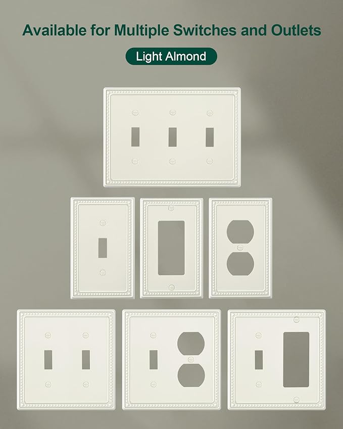 2-Pack Double Toggle Light Switch Cover Plate, Pearls Decorative Dual Switch Plate Covers, Light Almond 2 Gang Metal Wall Plate, Corrosion Resistant