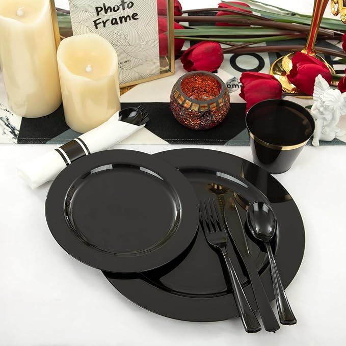 EI 350pcs Black Plastic Plates Disposable Heavy Duty Plastic Dinnerware Set Pre Silverware and Napkins Set Black and Gold Cups for Party Suit for Party,Wedding,Afternoon Tea,Spring,Valentine's Day