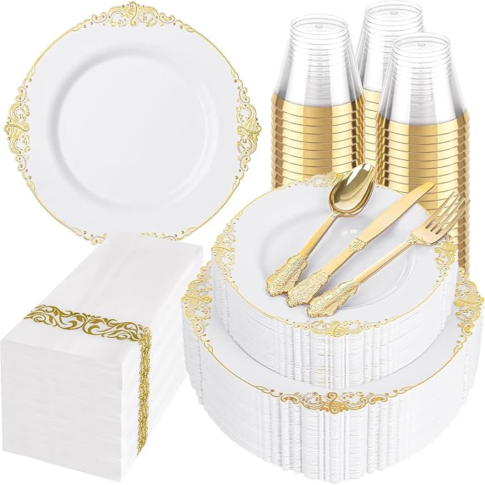 350 Pcs White Gold Plates for Wedding | White Party Plates Set for 50 Guests by Hioasis