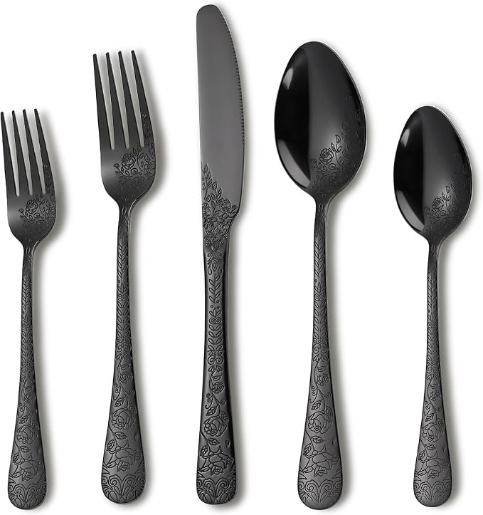 Runfly Modern Carved Floral Black Stainless Steel 20-Piece Flatware Set | by Runfly