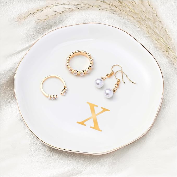 ProCase Ceramic Jewelry Tray, Initial Ring Dish Trinket Plate Engagement Gift, Small Personalized Monogram Ring Bowl for Wedding, White Decorative Jewelry Holder for Women Vanity -Letter X