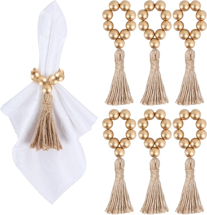 Meplait 6 Pack Wooden Bead Napkin Rings, Boho Farmhouse Table Decor, by Meplait
