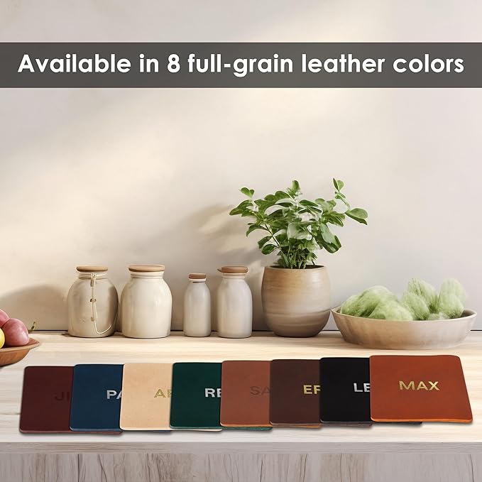 Northwind Personalized Leather Coasters – Set of 4 Full-Grain Leather 4” Square Drink Coasters with Custom Engraved Monogram Initials – Stylish Home Décor for Weddings and Holidays