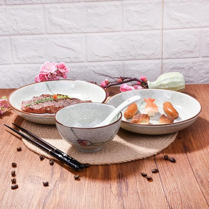 4-Piece Ceramic Dinnerware Set, Plate, Dish, Bowl, Spoon, Japanese Hand-painted Tableware set, A Good Tableware
