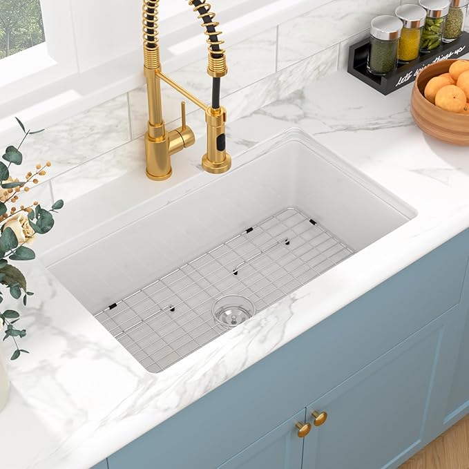 Sarlai 30 Inch White Undermount Sink Fireclay 30x18 Inch White Kitchen Sink Dual Drop in & Undermount Kitchen Sinks Single Bowl Deep Porcelain Ceramic Basin