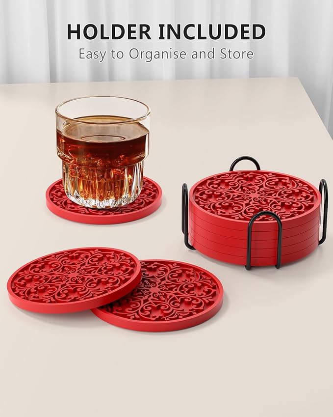 Drink Coasters, Coasters Set of 6 for Cup with Holder, Non-Slip Silicone Cup Mats for Hot and Cold Drinks, Cute Absorbent Coffee Bar Accessories Table Decor, Red