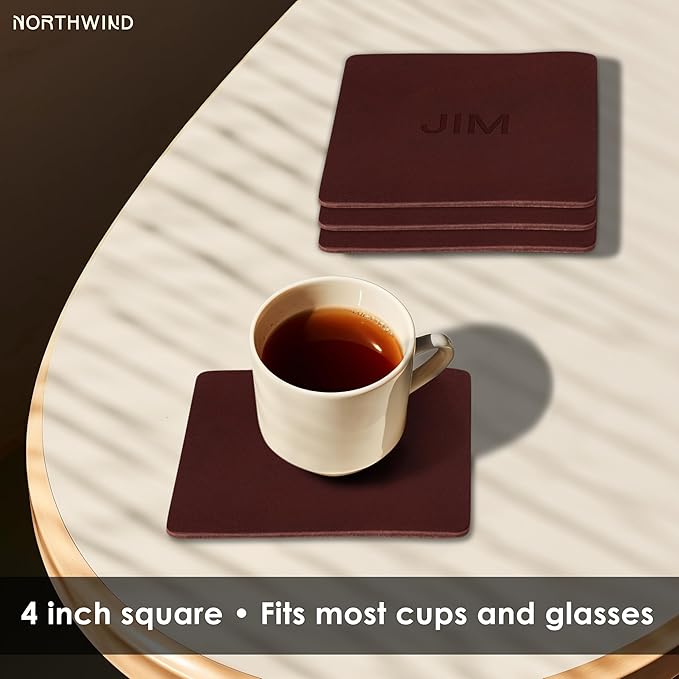 Northwind Personalized Leather Coasters – Set of 4 Full-Grain Leather 4” Square Drink Coasters with Custom Engraved Monogram Initials – Stylish Home Décor for Weddings and Holidays