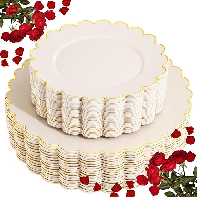 LIYH 60 Pcs Ivory and Gold Scalloped Plastic Plates - Disposable Fancy Combo Plates Includes 30 Dinner Plate 10.25" and 30 Dessert Plate 7.5" Plastic Heavy Weight Party Tableware Dishes