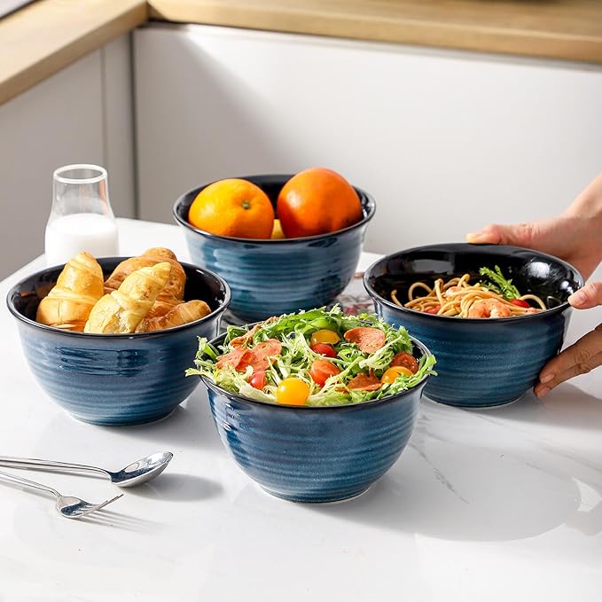 MEKY Soup Bowls Set of 4,40 OZ Large Ceramic Cereal Bowls, 7 Inch Deep Serving Bowls for Ramen, Pho, Salad, Pasta, noodles, Decor and Housewarming Gift, Dishwasher & Microwave Safe, Blue