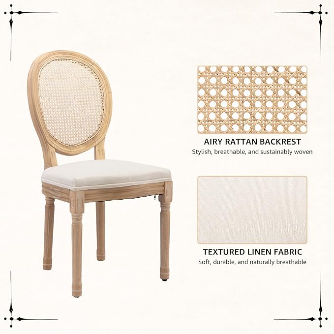 Vintage French Rattan Dining Chairs Set of 4, Solid Wood Frame with Round Rattan Back and Linen Upholstered Seat, Farmhouse Accent Sillas de Comedor Side Chairs for Dining Room & Kitchen, Beige