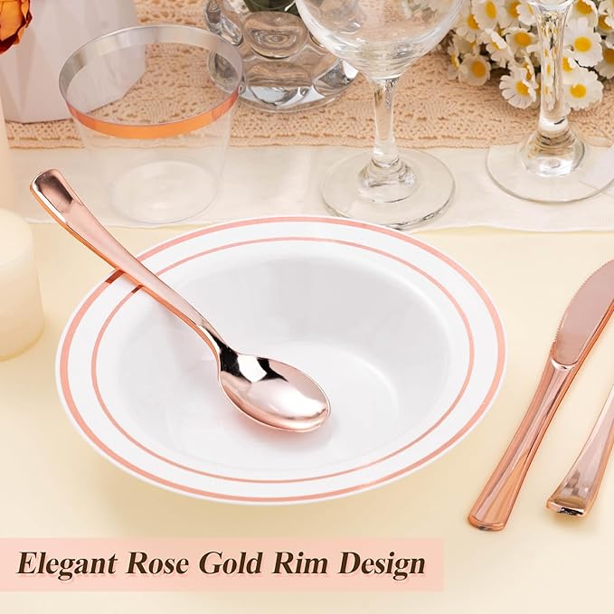 BESTSTAR 50 Pack Disposable Soup Bowls with Rose Gold Rim, 12oz Premium Heavy Duty Plastic Dinner Bowls for Party, Valentine's Day, Wedding and Holiday