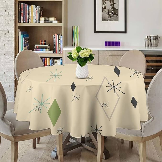 Colorful Middle Century Round Tablecloth, Vintage Bohemian Mid Century Modern Retro Print Tablecloth for Home Party Dining Room Kitchen Decor 36Inch(90cm)