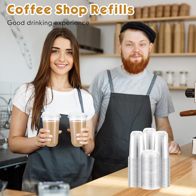 Baderke 100 Pcs Plastic Cups with Sip Lids Round Bottom Disposable Plastic Coffee Cups with Lids Clear Strawless Crystal Mugs for Iced Coffee Smoothie Cold Beverage Party Catering Supplies (18 oz)