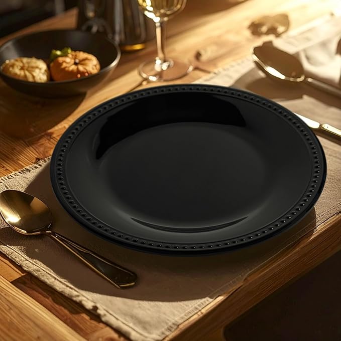 Melamine Beaded Appetizer/Salad/Dessert/Side Plates, Black, Set of 6, 8.5 inch, Platter, Serving Dishes, Kid-Friendly, Chip and Break-Resistant, Durable, for Indoor and Outdoor, Dishwasher Safe