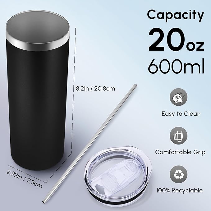 Volhoply 12 Pack Skinny Tumblers with Lid and Straw, 20oz Stainless Steel Straight Tumbler Bulk, Vacuum Insulated Coffee Mug for Home, Office, Travel, DIY (Mix Color,12 Pack)