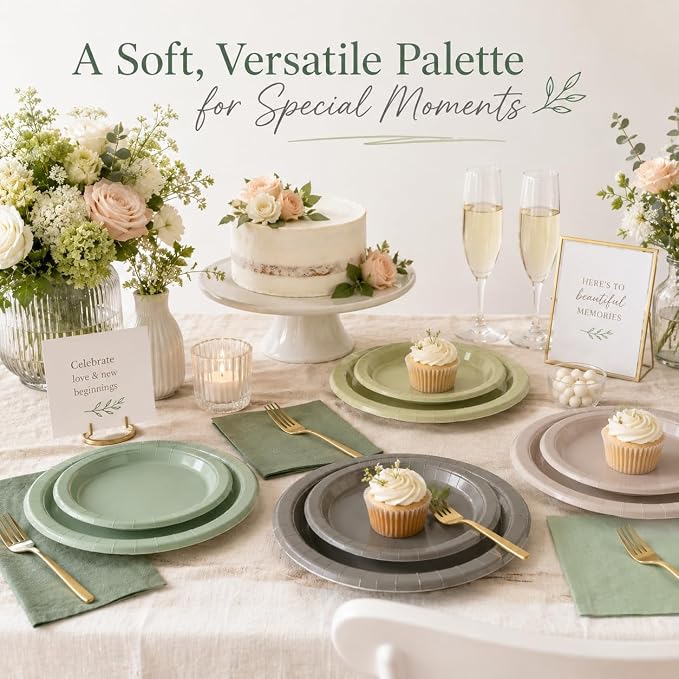 Sage Green and Beige Party Supplies, Disposable Dinner Plates, Dessert Plates - Image 7