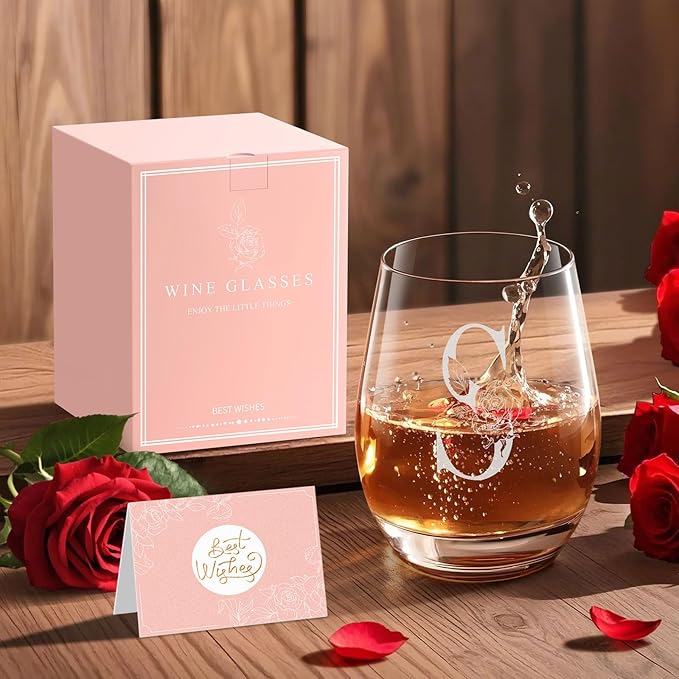 Valentines Day Gifts for Her, Gifts for Women Her Friend Mom Grandma Wife Sister Bridesmaid Nurse, Birthday Galentines Mothers Day Christmas, Personalized Initial Customized Wine Glasses 18OZ(S)
