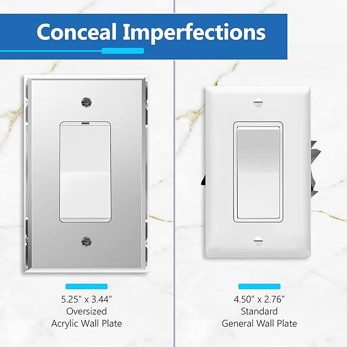 LIDER Decorator Wall Plate, Mirrored Light Switch Plate, Plexiglass Outlet Cover or Light Switch Cover, Acrylic Glass Reflective Finish, Minimalist Design, Oversized 1-Gang 5.25" x 3.44", Silver