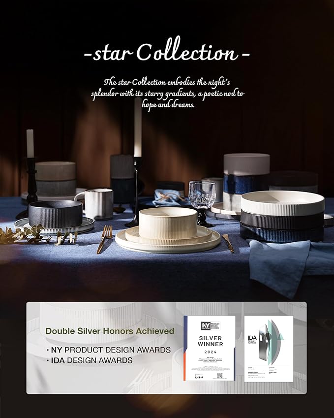 Famiware Star Dinnerware Set, Plates and Bowls Sets for 8 (24pcs), Ribbed Stoneware Dishes - Chip & Scratch Resistant, Microwave & Dishwasher Safe Tableware, White