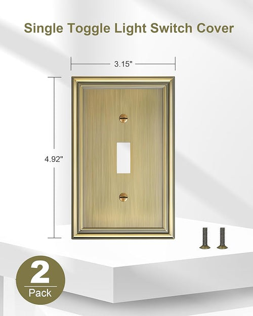 2-Pack Single Toggle Light Switch Cover Plate, Durable Solid Zinc Alloy Decorative Switch Plate Covers, Antique Brass 1 Gang Wall Plate, Corrosion Resistant