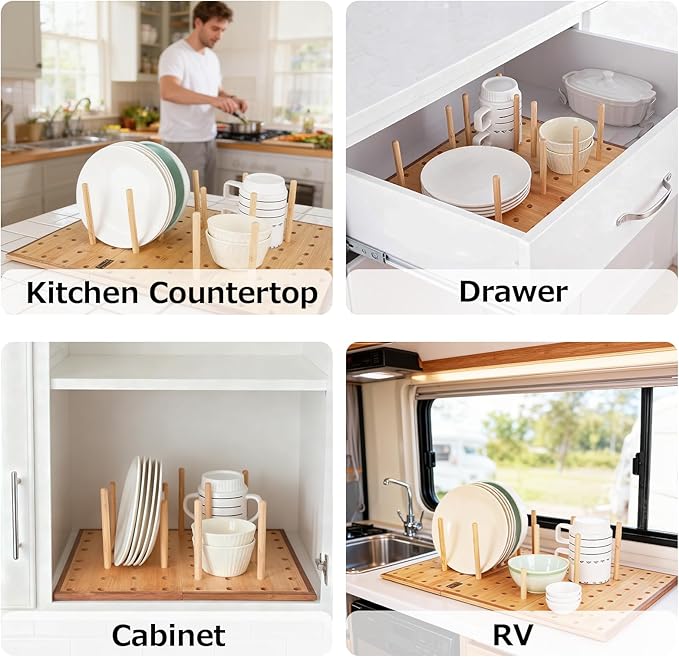 Foldable Pegboard Organizer for Kitchen – Bamboo Base & Acacia Wood Edge Dish Rack for Kitchen Countertop, and Drawer, 24 Pegs, 23.6" x 15.7"