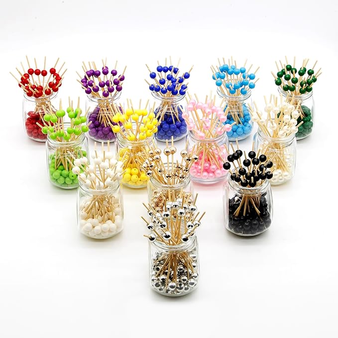 Minisland Dark Green Pearl Cocktail Picks, 4.7 Inch Long Bamboo Fancy Toothpicks for Appetizers, Decorative Christmas Holiday Party Food Drink Garnish Fruit Kabob Skewer Sticks 100 Counts - MSL452