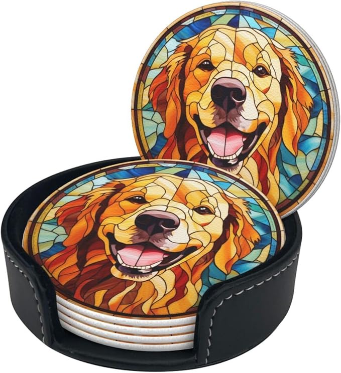 Drink Coaster Set of 6, Golden Retriever Dog Mom Lover Gift,Leather Drink Coasters with Holder,6 Pack Cup/Bar/Drink Coasters for Table/Drinks/Coffee Protection Housewarming Gift