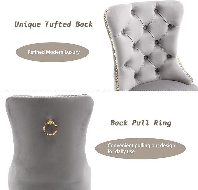 KCC Velvet Dining Chairs Set of 2, Upholstered High-end Tufted Dining Chair with Nailhead Back Ring Pull Trim Stainless Steel Legs, Contemporary Nikki Collection Modern Style for Kitchen, Light Gray