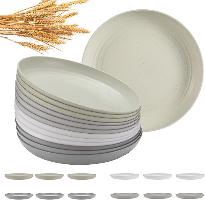 HEYCOME 12 Pcs Unbreakable Deep Dinner Plates Set, 10 inch Reusable Plastic by StayHealthyStayHappy
