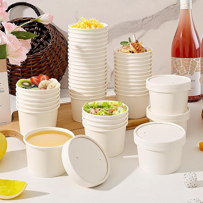 100Pack 12oz Soup Containers with Vented Lids, Disposable Food Containers Paper Ice Cream Cups Kraft Dessert Soup Bowls, Microwavable and Freezer Safe for Hot Soup, Ice Cream (100 Pcs - White, 12 oz)