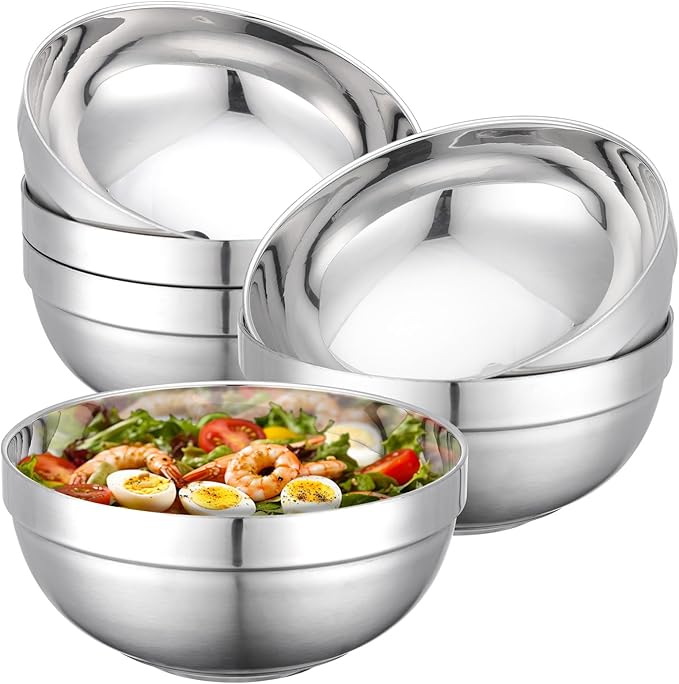 Stainless Steel Bowls, 6 Pack 7.8in 64.2oz 1900ml Large SUS304 Double Wall Insulated Stackable Metal Hot Soup Bowl Containers for Dishes Serving Cereal Snacks Ice Cream Food Rice Salad
