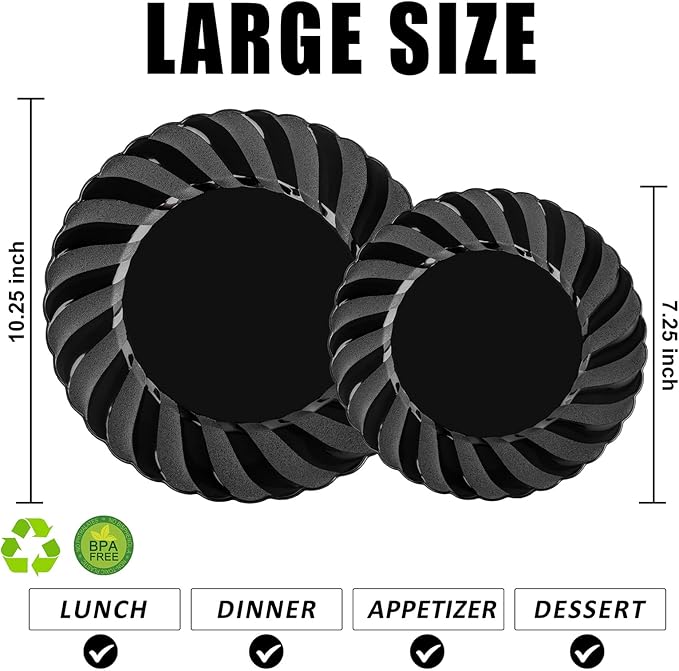 U-QE 60 Pcs Black Plastic Plates for Party – Black Plastic Disposable Heavy Duty – Include 30 10.25" Dinner & 30 7.25" Dessert Plate - Perfect for Parties, Weddings