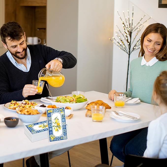 Amalfi Coast Party Decorations - 100 Pcs 7.9 x 4.3 in Lemon Napkin Blue Tiles Mediterranean Disposable Paper Hand Towels, Summer Fruit Lemonade Lemons Theme Birthday Bridal Shower Supplies