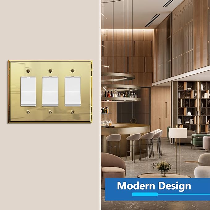 LIDER Reflective Acrylic Decorator Wall Plate, Mirrored Light Switch Plate, Plexiglass Outlet Cover, Acrylic Glass, Oversized 3-Gang 5.25" x 7.06", LWP-33O-AGD5P, Gold, 5 Pack