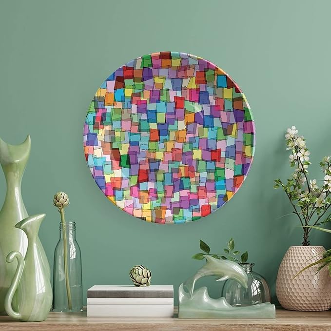 Ceramic Display Plate, Abstract Ceramic Hanging Decorative Plate, Mosaic Tile Pattern Colorful Squares Cubes, 6 Inch, Household Custom Ceramic Plate, Multicolor